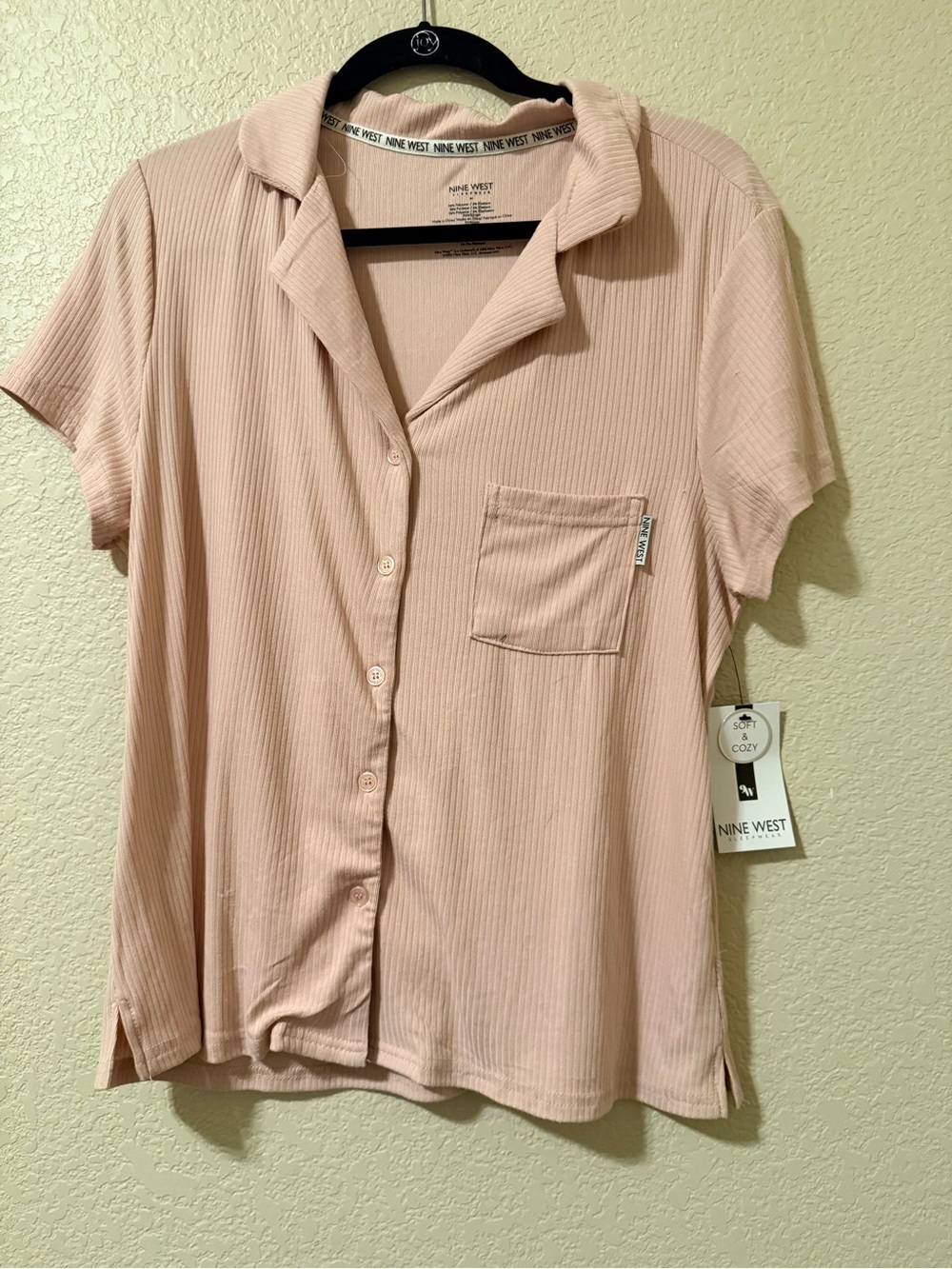 Nine West Ribbed Short Sleeve Button-Down Pajama Top in Blush